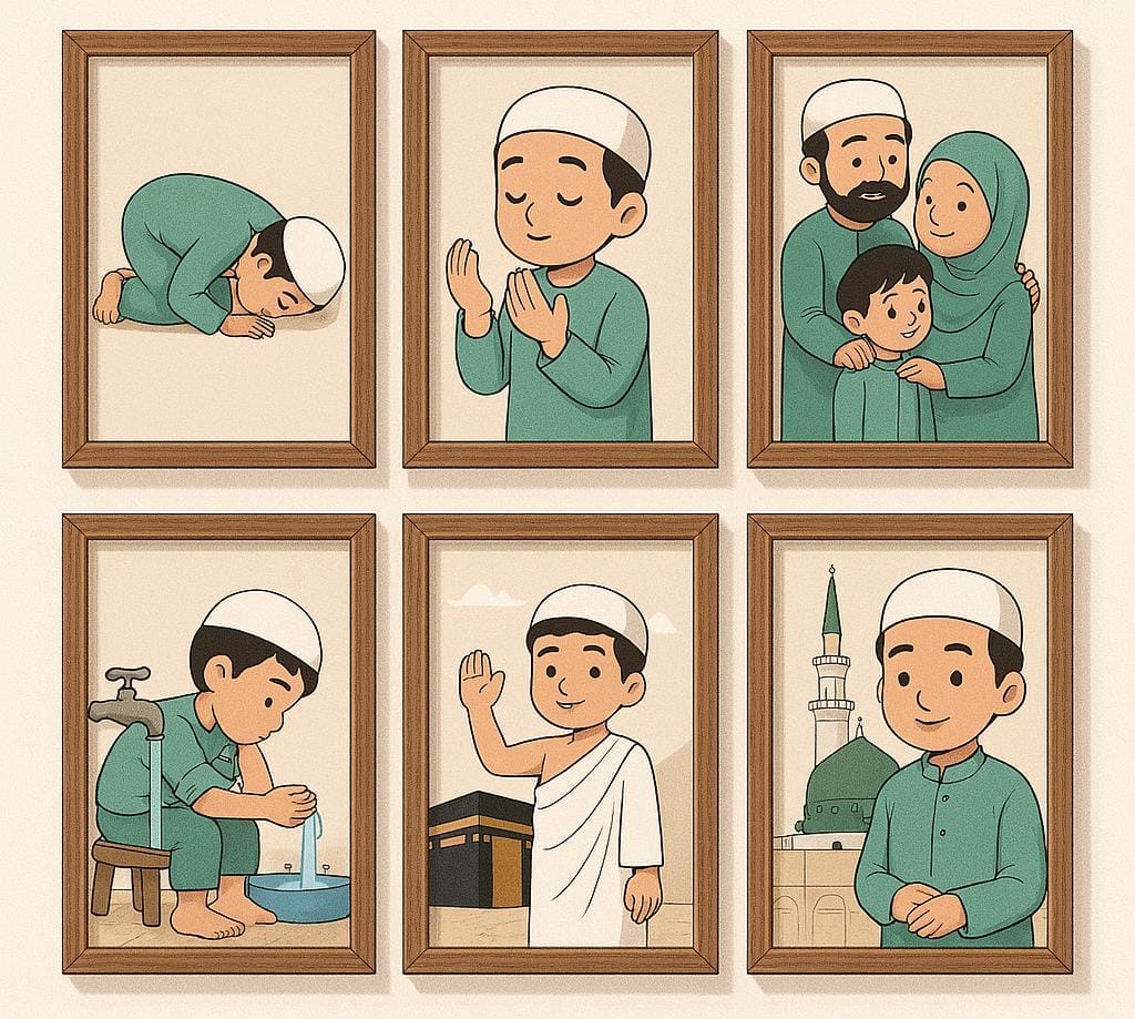 Online Quran tutor showing Muslim child praying, doing wudu, and learning Islam – ideal for Quran classes online